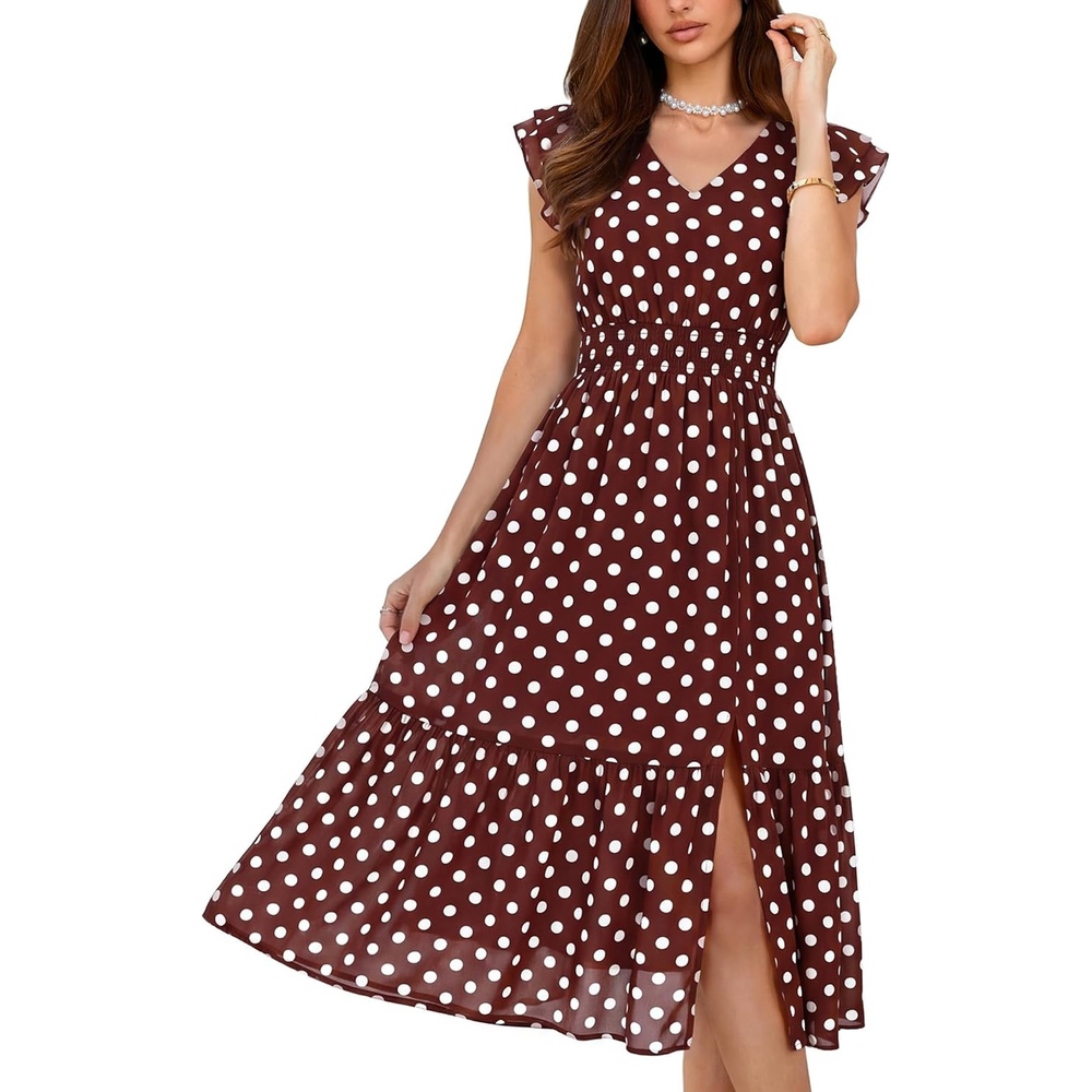 image:imageGRACE KARIN 2026 Womens Summer Dresses V Neck Ruffle Sleeve Floral Boho Beach Dress ALine Swing Midi Wedding Guest SundressCoffeewhite Dots