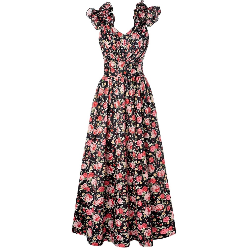 image:imageGRACE KARIN 2026 Womens Summer Floral Print Dress Sleeveless Casual Flowy Sundress A Line Ruffle Wedding Guest OutfitBlack Red