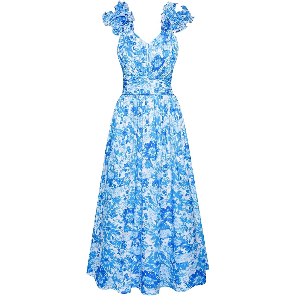 image:imageGRACE KARIN 2026 Womens Summer Floral Print Dress Sleeveless Casual Flowy Sundress A Line Ruffle Wedding Guest OutfitBlue Floral