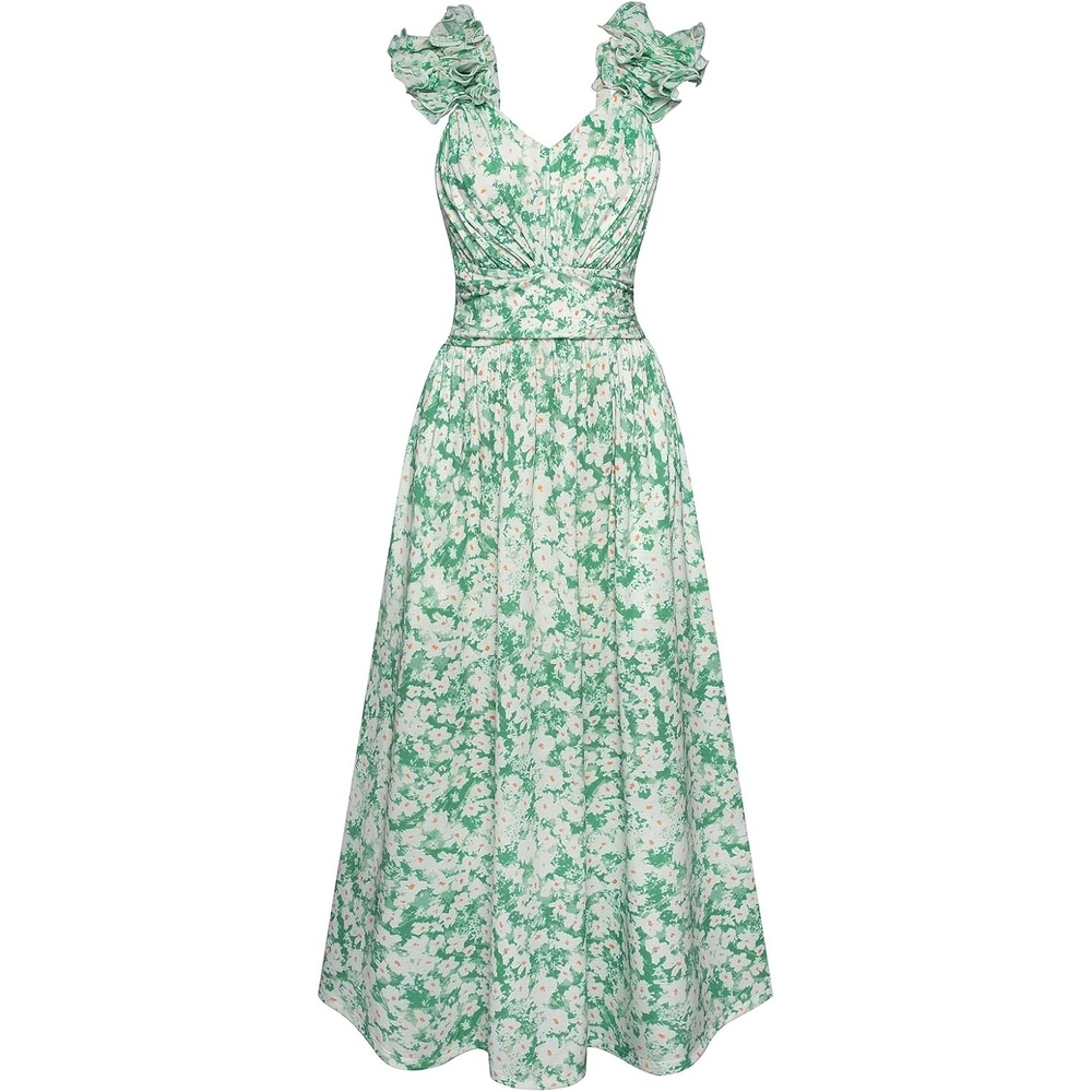 image:imageGRACE KARIN 2026 Womens Summer Floral Print Dress Sleeveless Casual Flowy Sundress A Line Ruffle Wedding Guest OutfitGreen White Floral