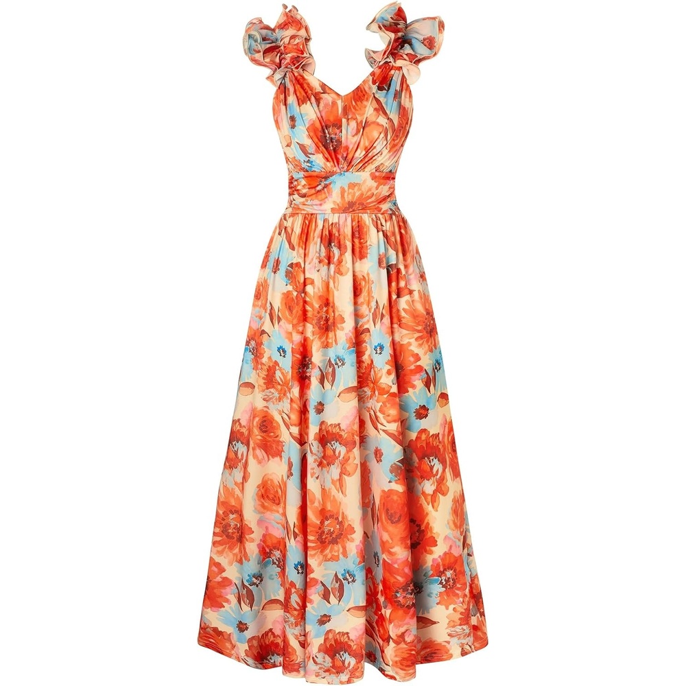 image:imageGRACE KARIN 2026 Womens Summer Floral Print Dress Sleeveless Casual Flowy Sundress A Line Ruffle Wedding Guest OutfitOrange Floral