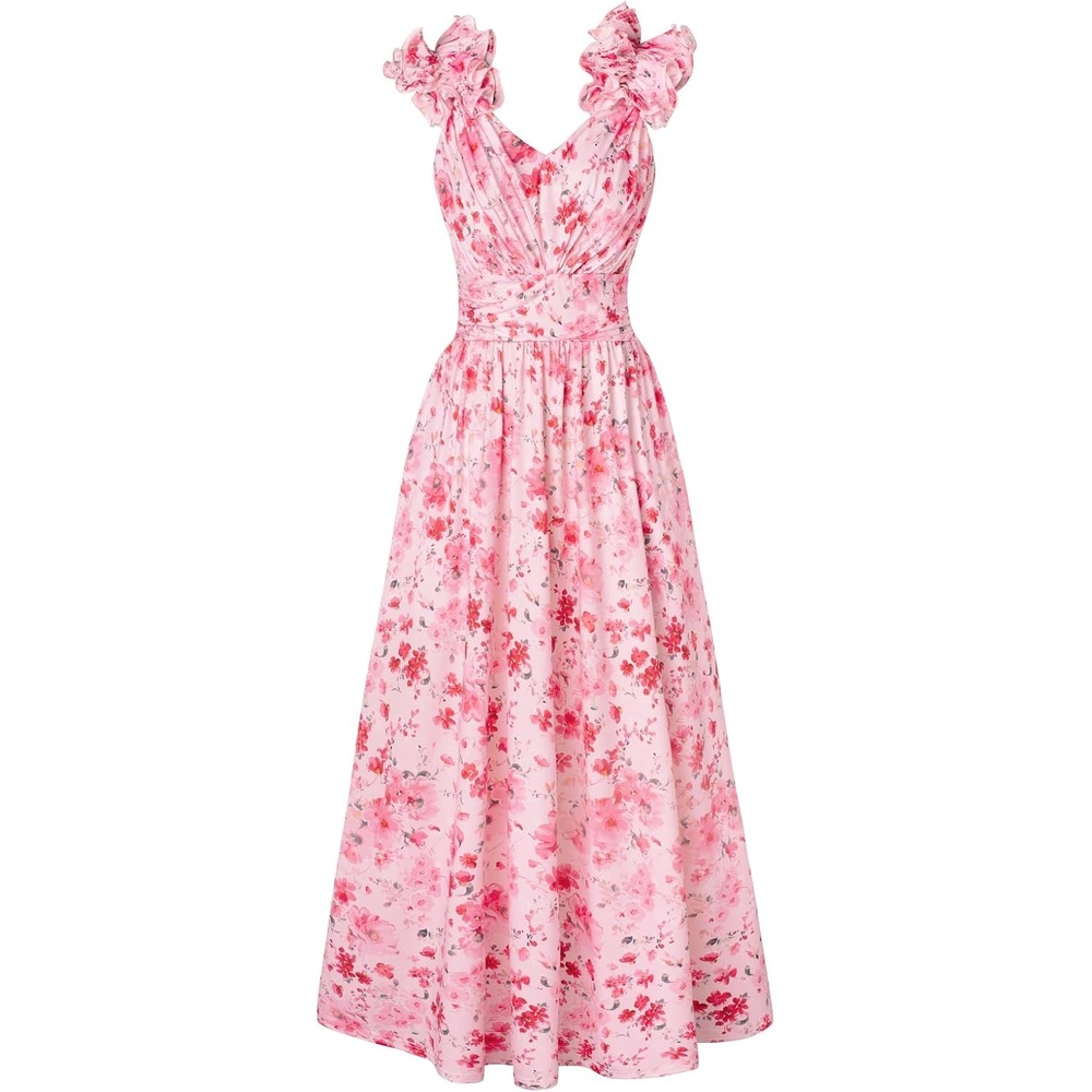 image:imageGRACE KARIN 2026 Womens Summer Floral Print Dress Sleeveless Casual Flowy Sundress A Line Ruffle Wedding Guest OutfitPink Red