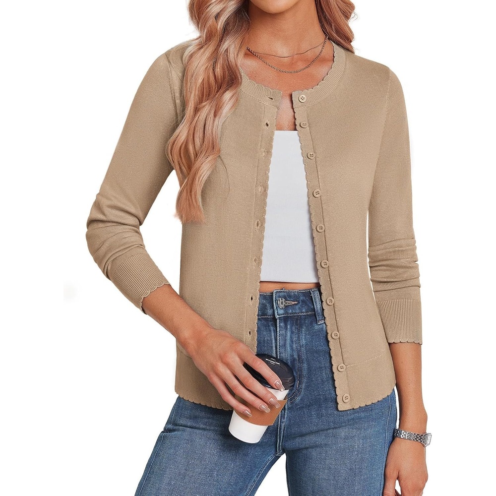 image:imageGRACE KARIN Cardigan Sweaters for Women 2026 Button Down Long Sleeve Cardigans Scalloped Open Front Lightweight SweaterKhaki