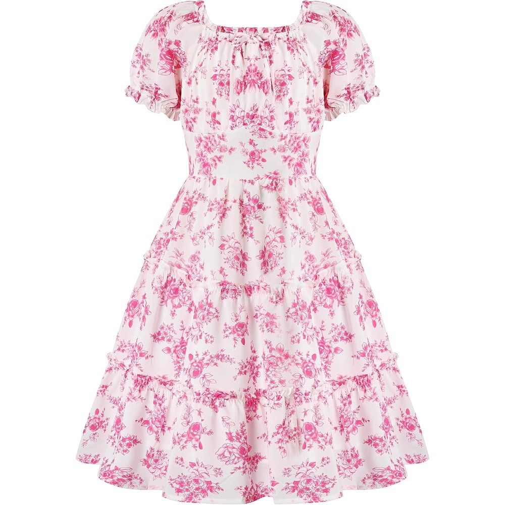 image:imageGRACE KARIN Girls Summer Floral Dresses Puff Sleeve Princess Dress 614Y Square Neck Party Dress Graduation Birthday Wedding Beach Smocked Back Tiered Skirt Woven Lined for Tween Teen GirlHot Pink Floral