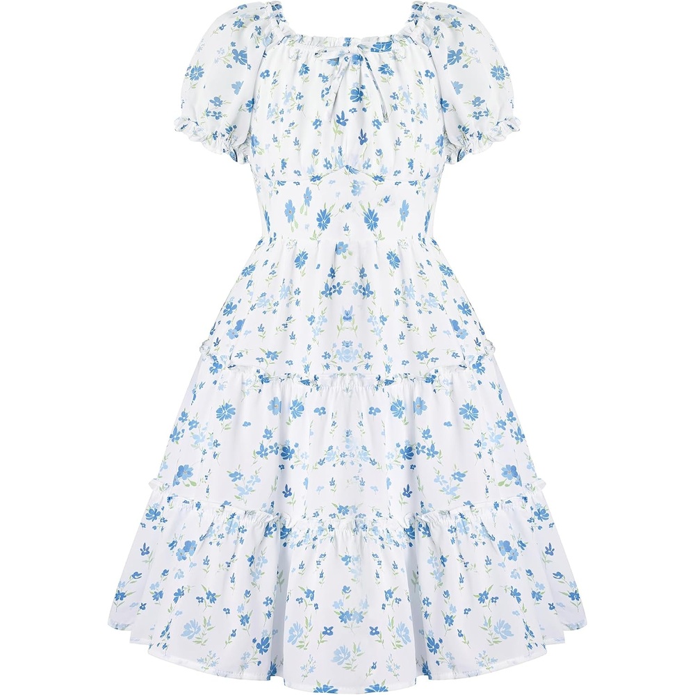image:imageGRACE KARIN Girls Summer Floral Dresses Puff Sleeve Princess Dress 614Y Square Neck Party Dress Graduation Birthday Wedding Beach Smocked Back Tiered Skirt Woven Lined for Tween Teen GirlBlue Floral