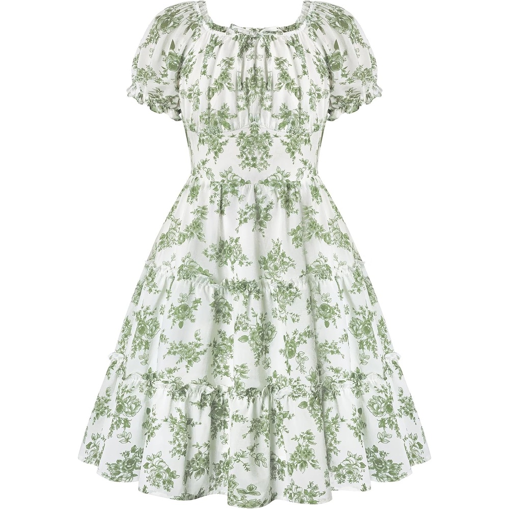 image:imageGRACE KARIN Girls Summer Floral Dresses Puff Sleeve Princess Dress 614Y  Square Neck Party Dress Graduation Birthday Wedding Beach Smocked Back Tiered Skirt Woven Lined for Tween Teen GirlSage Green Floral