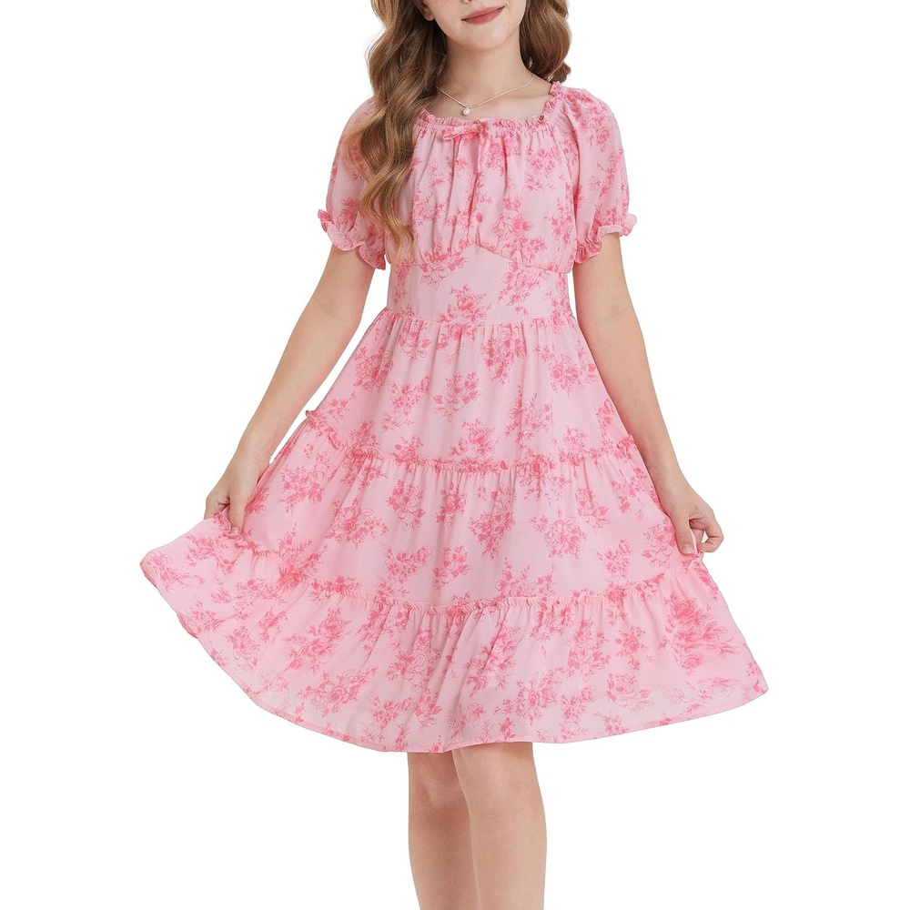 image:imageGRACE KARIN Girls Summer Floral Dresses Puff Sleeve Princess Dress 614Y Square Neck Party Dress Graduation Birthday Wedding Beach Smocked Back Tiered Skirt Woven Lined for Tween Teen GirlPink Floral