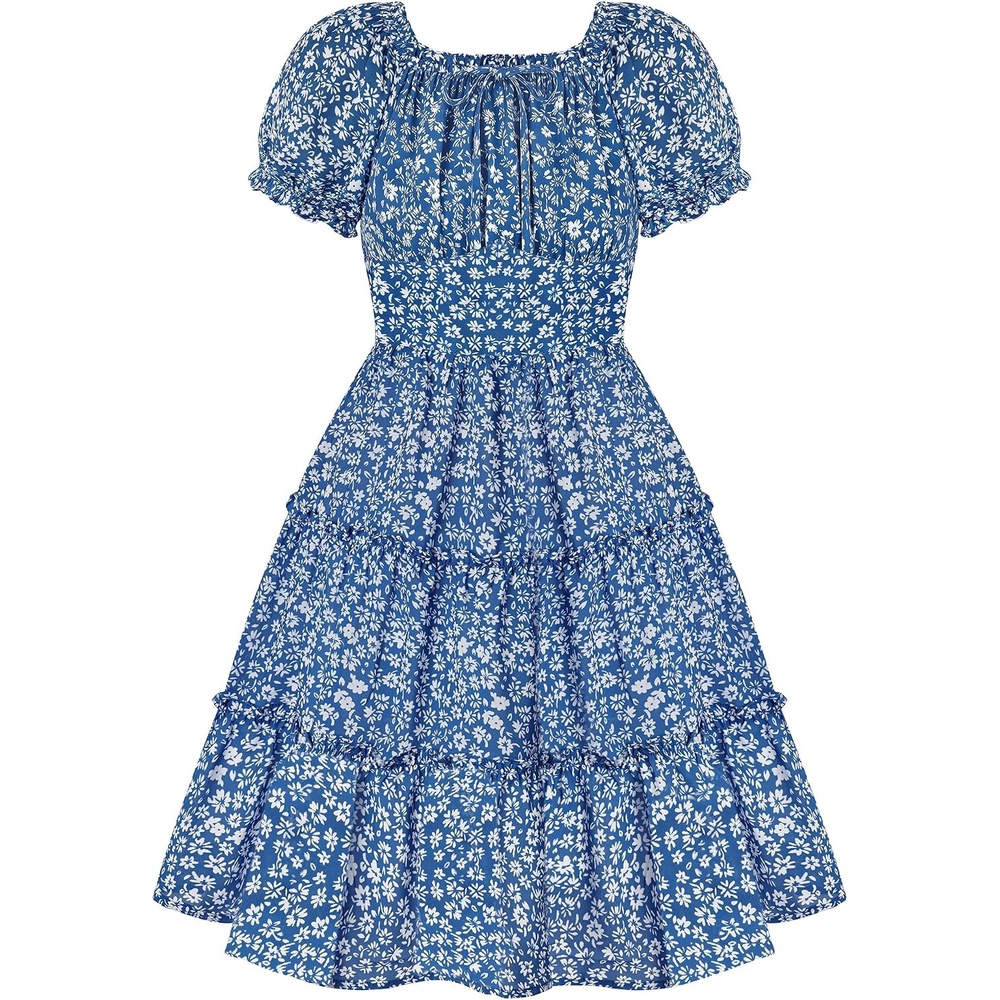 image:imageGRACE KARIN Girls Summer Floral Dresses Puff Sleeve Princess Dress 614Y Square Neck Party Dress Graduation Birthday Wedding Beach Smocked Back Tiered Skirt Woven Lined for Tween Teen GirlWhite Floral on Blue