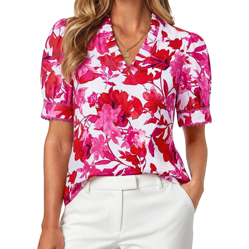 image:imageGRACE KARIN Women Boho Floral Tops Summer Puff Short Sleeve Dressy Casual Shirts 2026 Spring V Neck Vacation Work BlouseRose Red