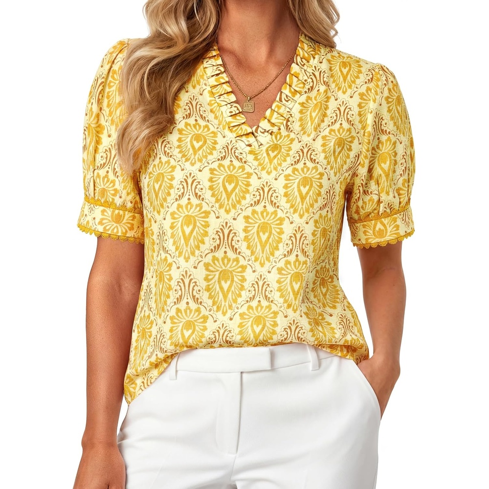 image:imageGRACE KARIN Women Boho Floral Tops Summer Puff Short Sleeve Dressy Casual Shirts 2026 Spring V Neck Vacation Work BlouseYellow