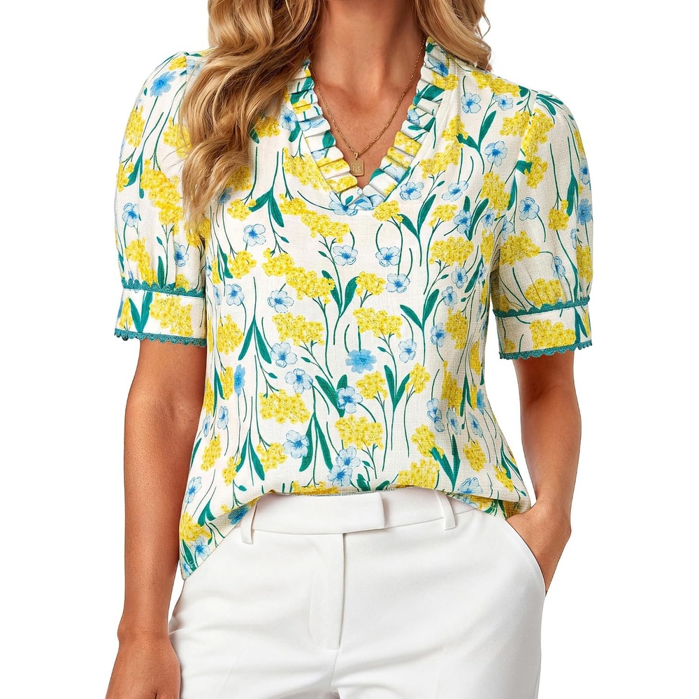 image:imageGRACE KARIN Women Boho Floral Tops Summer Puff Short Sleeve Dressy Casual Shirts 2026 Spring V Neck Vacation Work BlouseYellow Floral