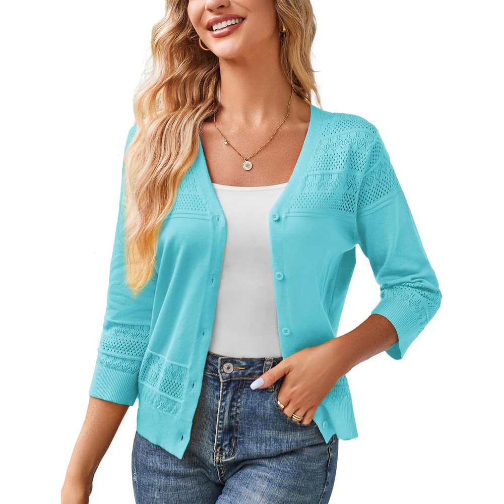 image:imageGRACE KARIN Womens 2026 Cropped Cardigan 34 Sleeve Lightweight Crochet Shrug HollowedOut Knit Sweater TopsAqua Blue