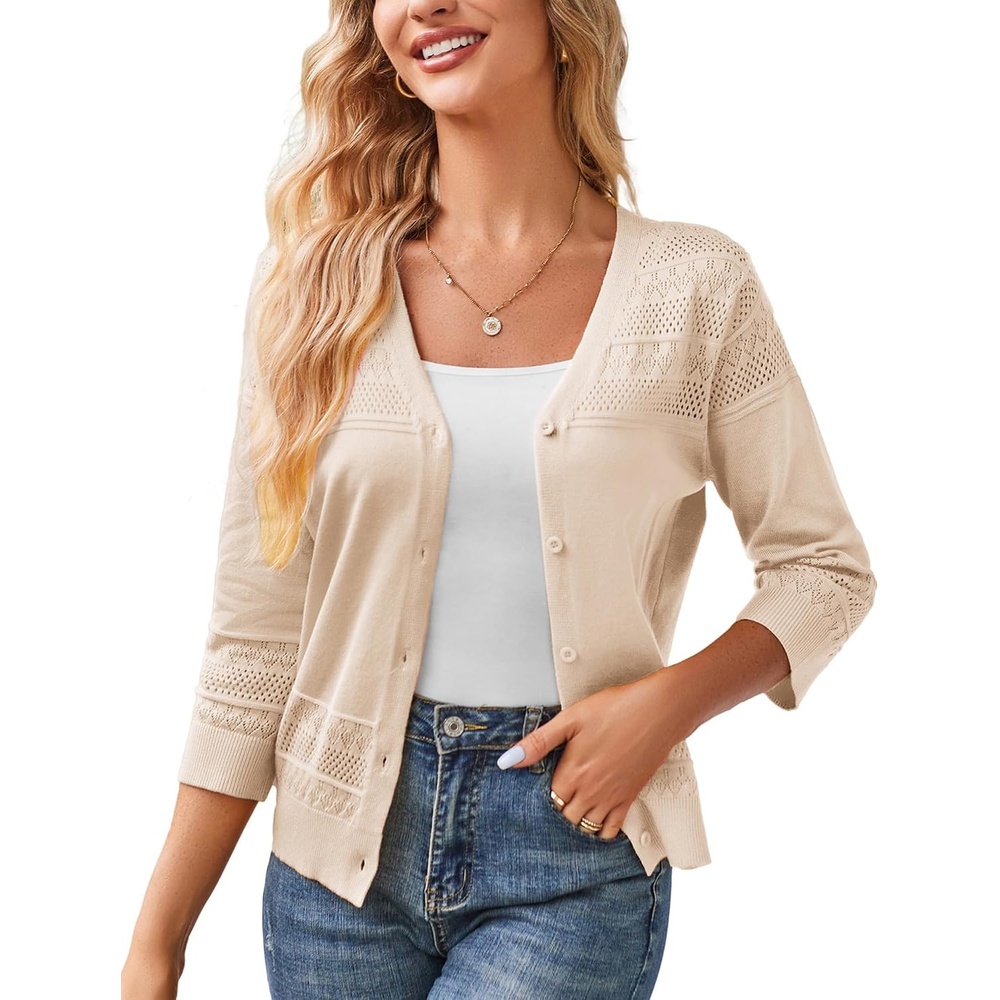 image:imageGRACE KARIN Womens 2026 Cropped Cardigan 34 Sleeve Lightweight Crochet Shrug HollowedOut Knit Sweater TopsBeige