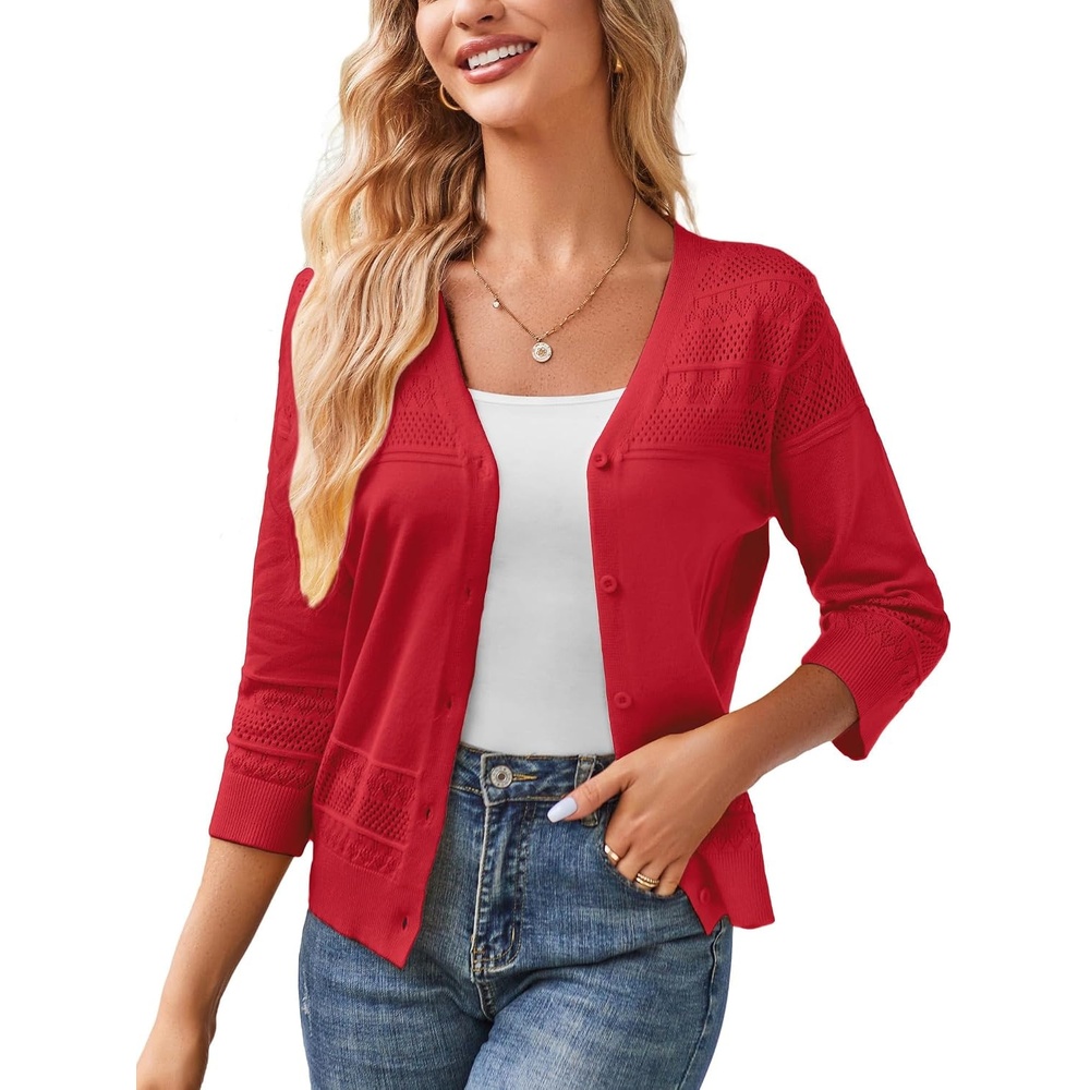 image:imageGRACE KARIN Womens 2026 Cropped Cardigan 34 Sleeve Lightweight Crochet Shrug HollowedOut Knit Sweater TopsBright Red