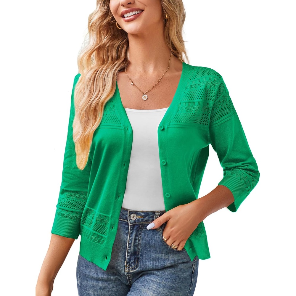 image:imageGRACE KARIN Womens 2026 Cropped Cardigan 34 Sleeve Lightweight Crochet Shrug HollowedOut Knit Sweater TopsDark Green