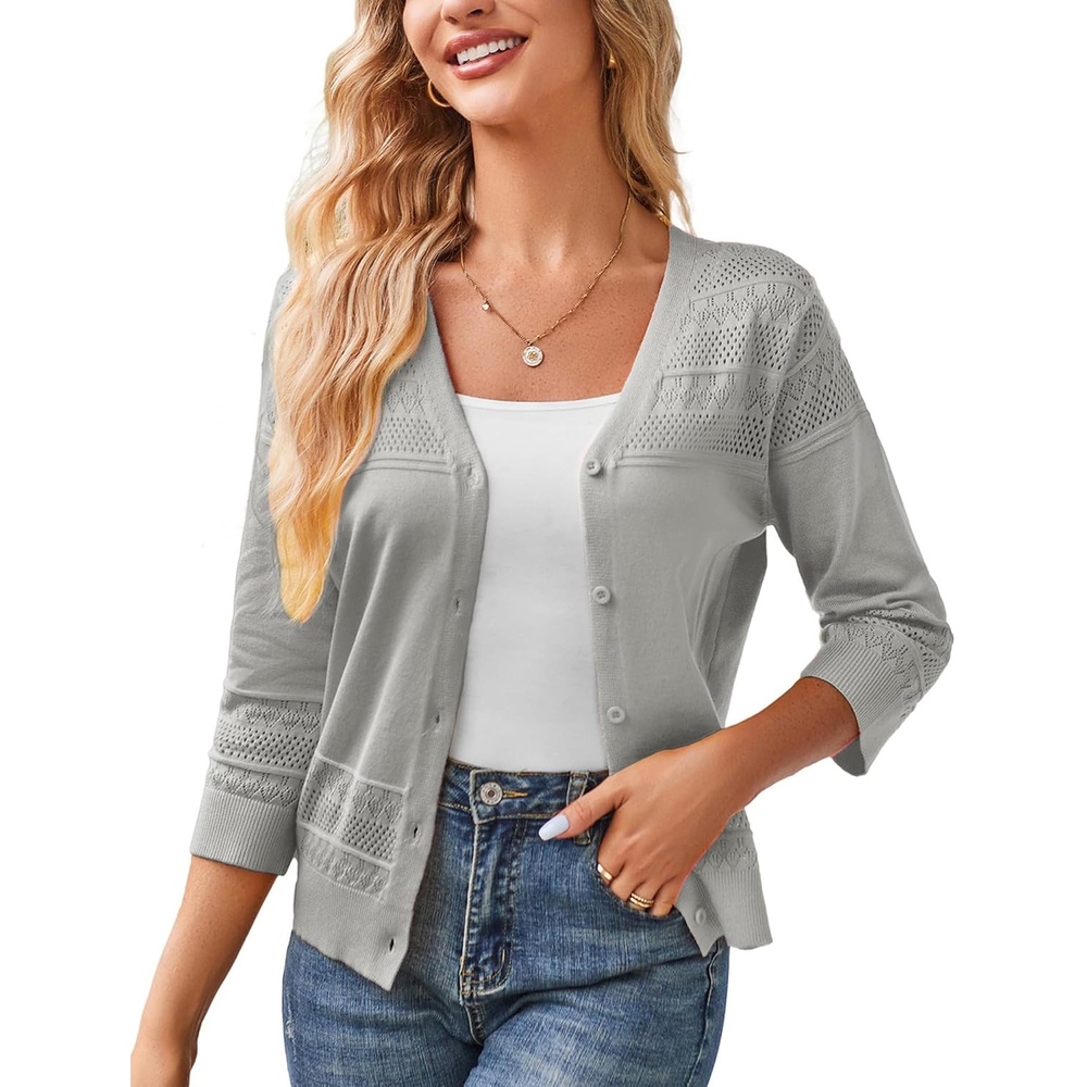 image:imageGRACE KARIN Womens 2026 Cropped Cardigan 34 Sleeve Lightweight Crochet Shrug HollowedOut Knit Sweater TopsGray