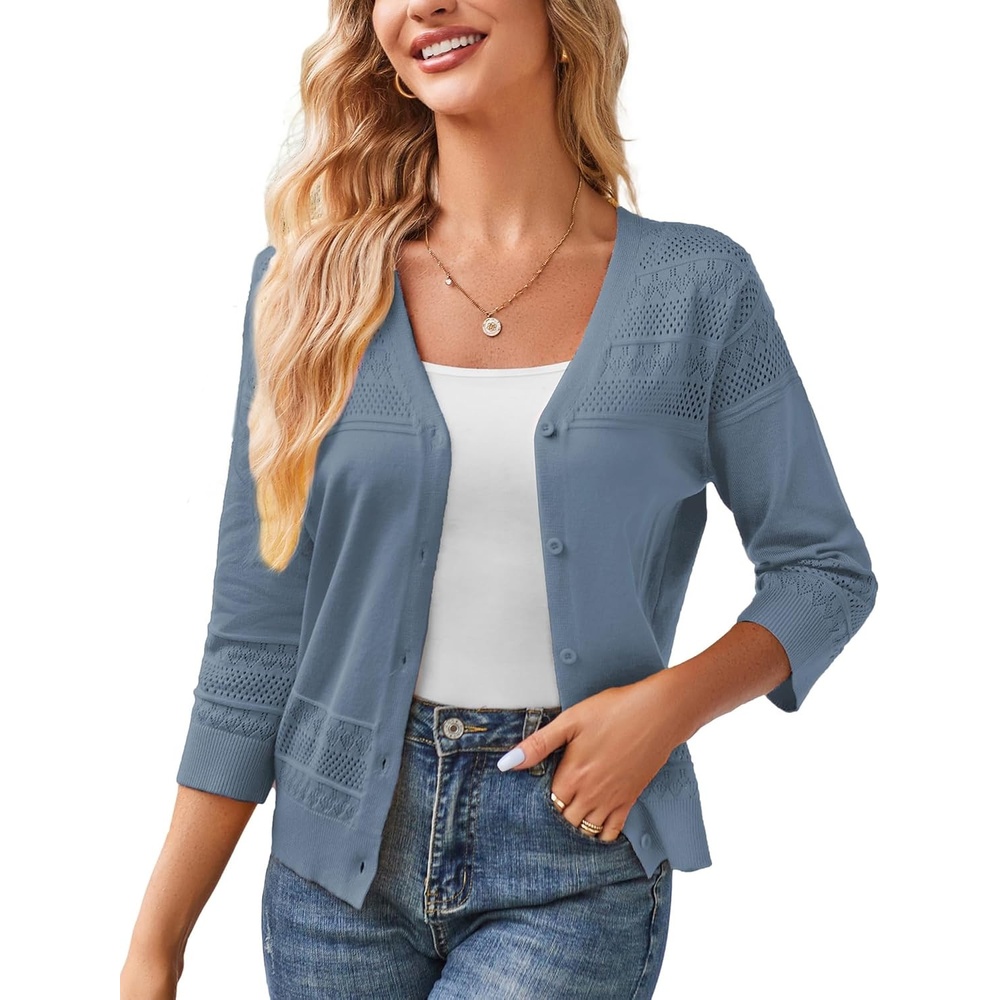 image:imageGRACE KARIN Womens 2026 Cropped Cardigan 34 Sleeve Lightweight Crochet Shrug HollowedOut Knit Sweater TopsGray Blue