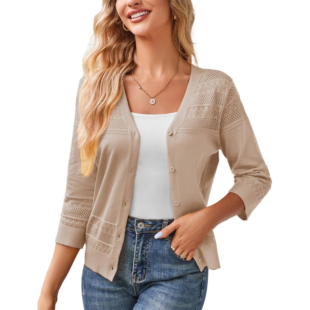 image:imageGRACE KARIN Womens 2026 Cropped Cardigan 34 Sleeve Lightweight Crochet Shrug HollowedOut Knit Sweater TopsKhaki
