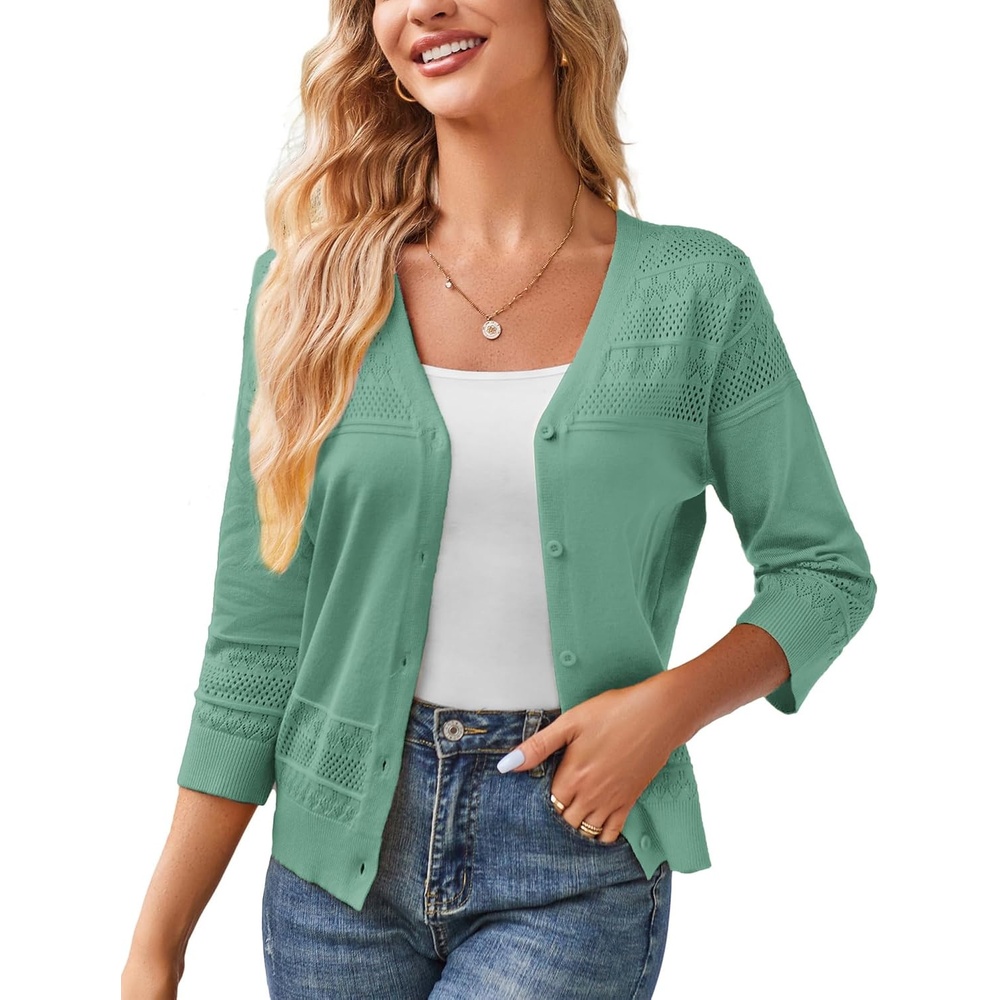image:imageGRACE KARIN Womens 2026 Cropped Cardigan 34 Sleeve Lightweight Crochet Shrug HollowedOut Knit Sweater TopsLake Blue