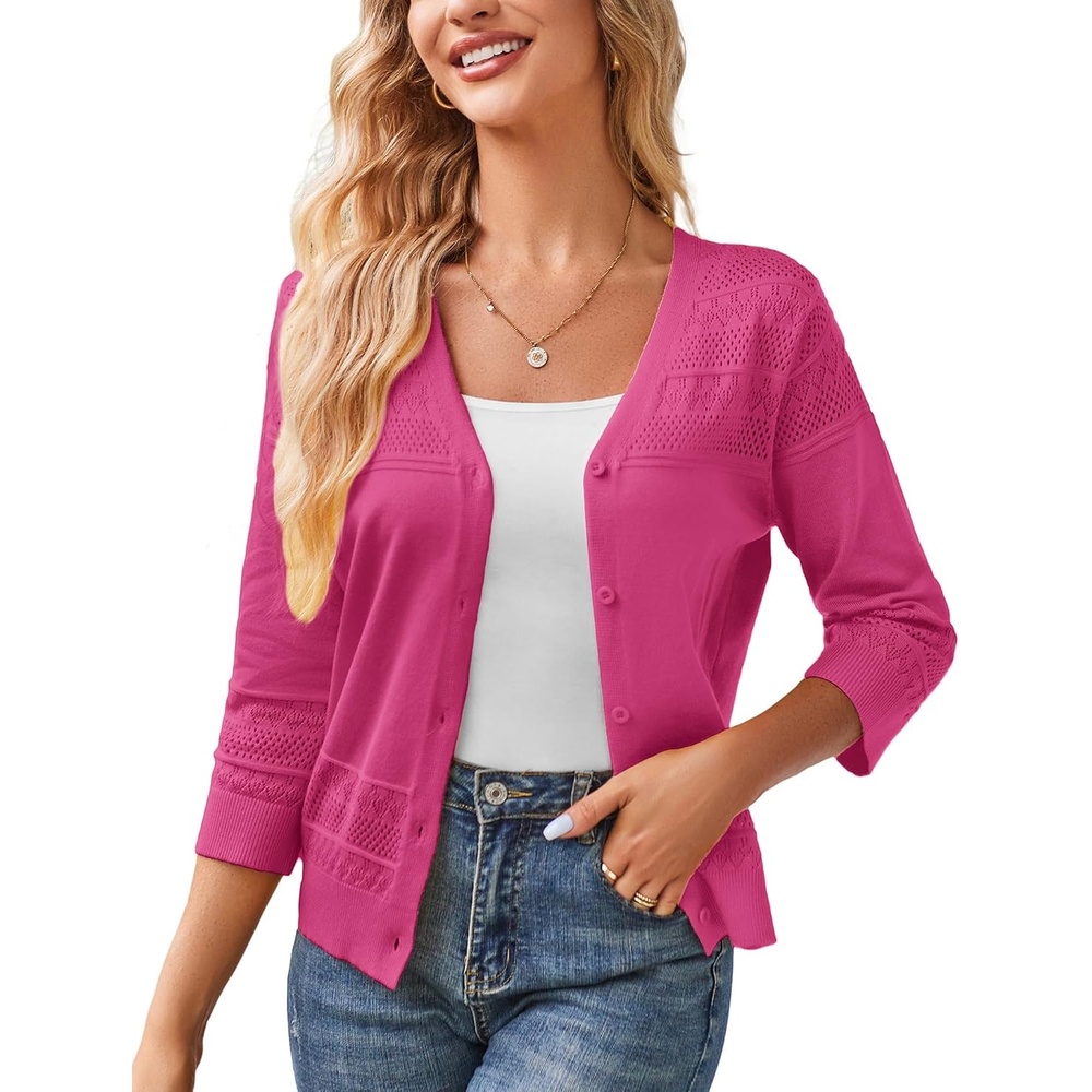 image:imageGRACE KARIN Womens 2026 Cropped Cardigan 34 Sleeve Lightweight Crochet Shrug HollowedOut Knit Sweater TopsRose Red