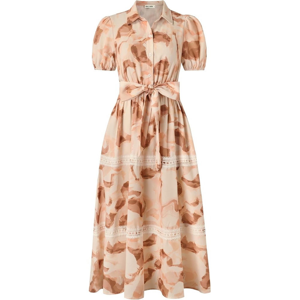 image:imageGRACE KARIN Womens 2026 Summer Floral Flowy Dresses Boho Tie Belt Short Puff Sleeve A Line Maxi Shirt Dress with PocketBeige Brown