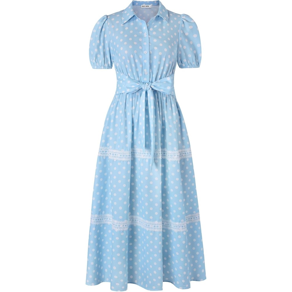 image:imageGRACE KARIN Womens 2026 Summer Floral Flowy Dresses Boho Tie Belt Short Puff Sleeve A Line Maxi Shirt Dress with PocketBlue Dot