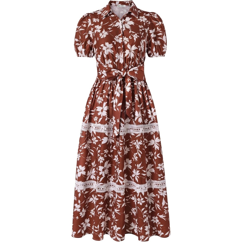 image:imageGRACE KARIN Womens 2026 Summer Floral Flowy Dresses Boho Tie Belt Short Puff Sleeve A Line Maxi Shirt Dress with PocketBrown White