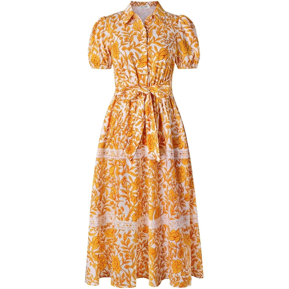 image:imageGRACE KARIN Womens 2026 Summer Floral Flowy Dresses Boho Tie Belt Short Puff Sleeve A Line Maxi Shirt Dress with PocketWhite Orange