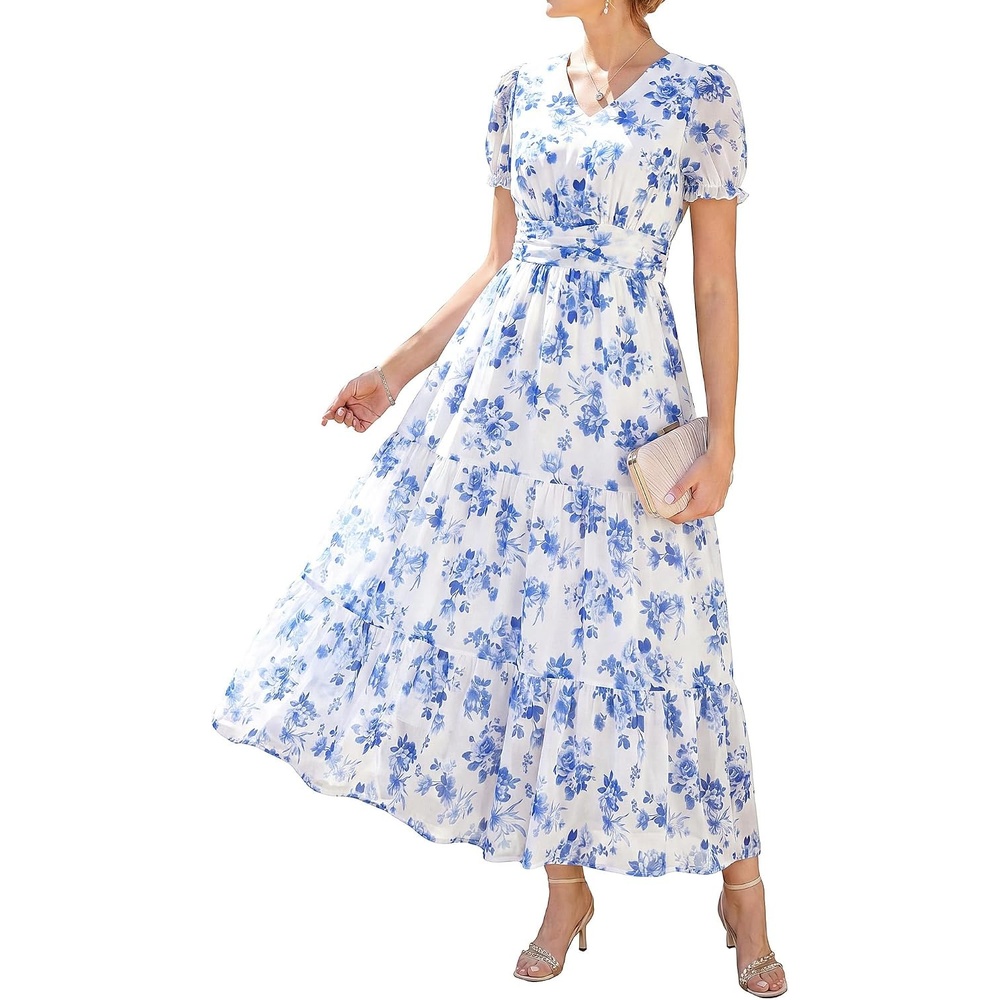 image:imageGRACE KARIN Womens 2026 Summer Wedding Guest Maxi Dresses Floral V Neck Short Sleeve Elegant Flowy Formal Dress with PocketsFloral White Blue