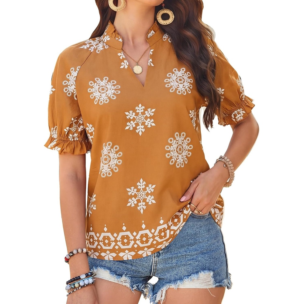 image:imageGRACE KARIN Womens Boho Tops Summer Spring Cotton Floral Blouses Short Sleeve Print Shirts V Neck Beach Vacation Clothes 2026Brown Boho Floral