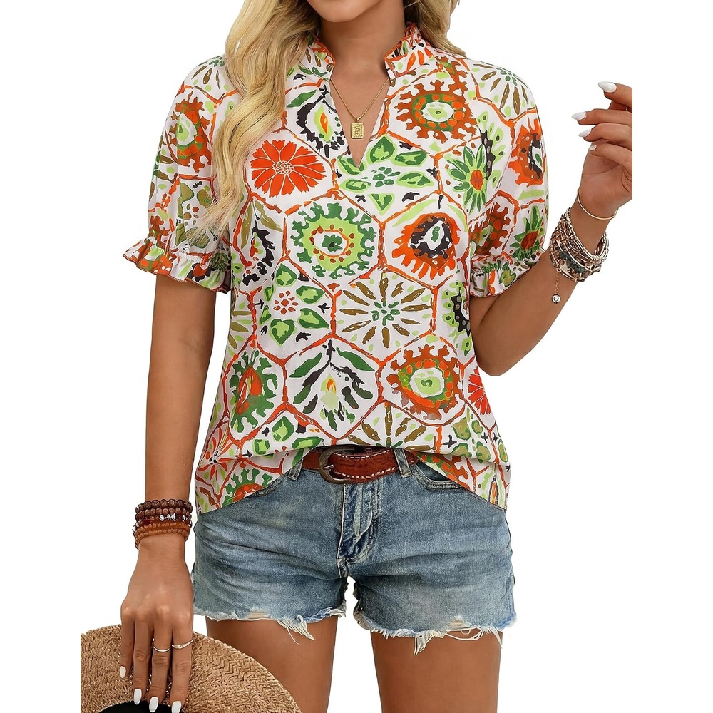 image:imageGRACE KARIN Womens Boho Tops Summer Spring Cotton Floral Blouses Short Sleeve Print Shirts V Neck Beach Vacation Clothes 2026White Green Hexagonal Floral