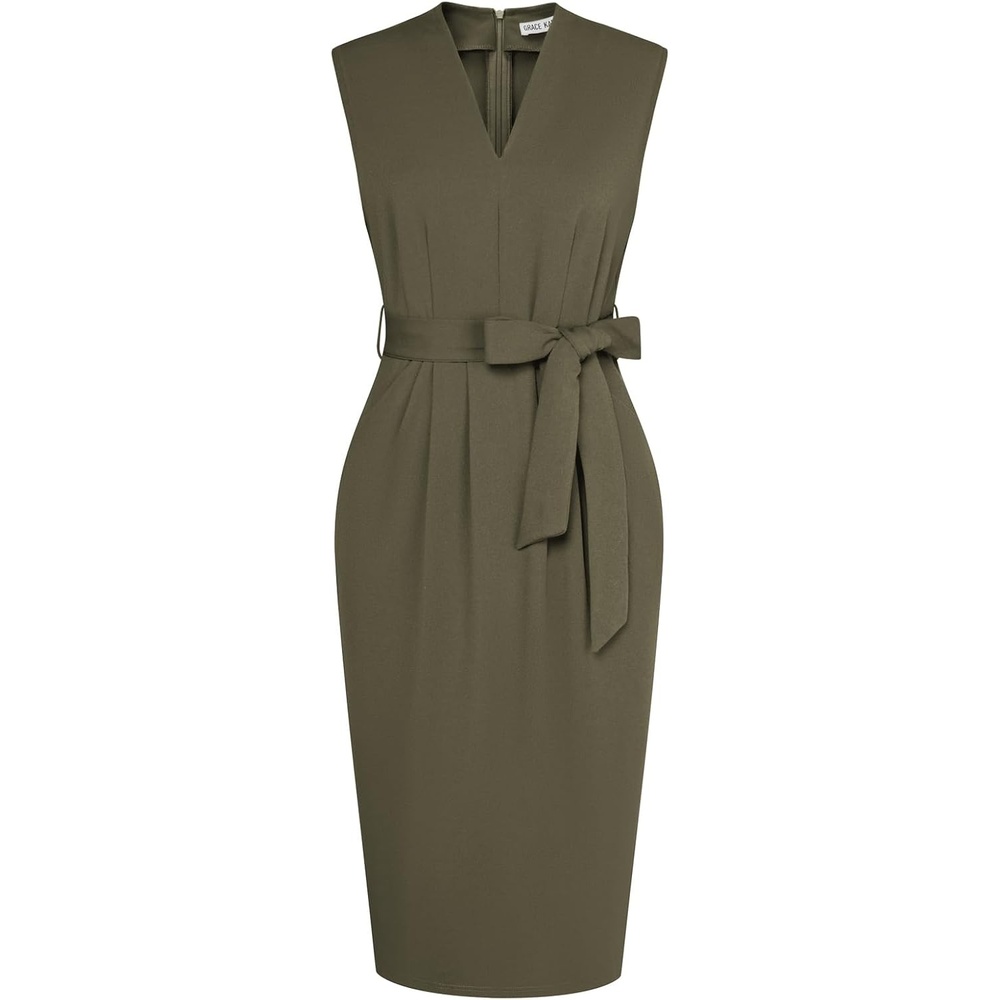 image:imageGRACE KARIN Womens Business Dresses Sleeveless V Neck Bodycon Sheath Dress Zipper Up Office Work Dress with PocketsArmy Green