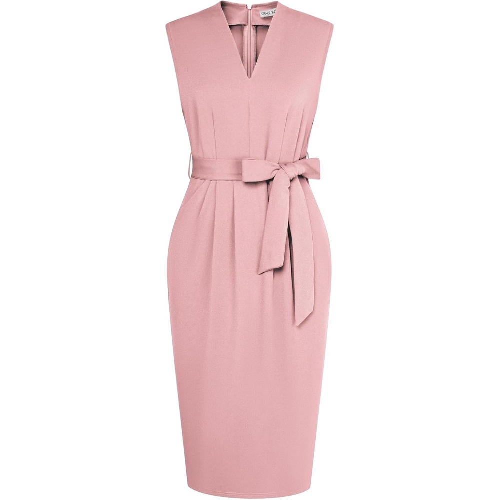 image:imageGRACE KARIN Womens Business Dresses Sleeveless V Neck Bodycon Sheath Dress Zipper Up Office Work Dress with PocketsGray Pink