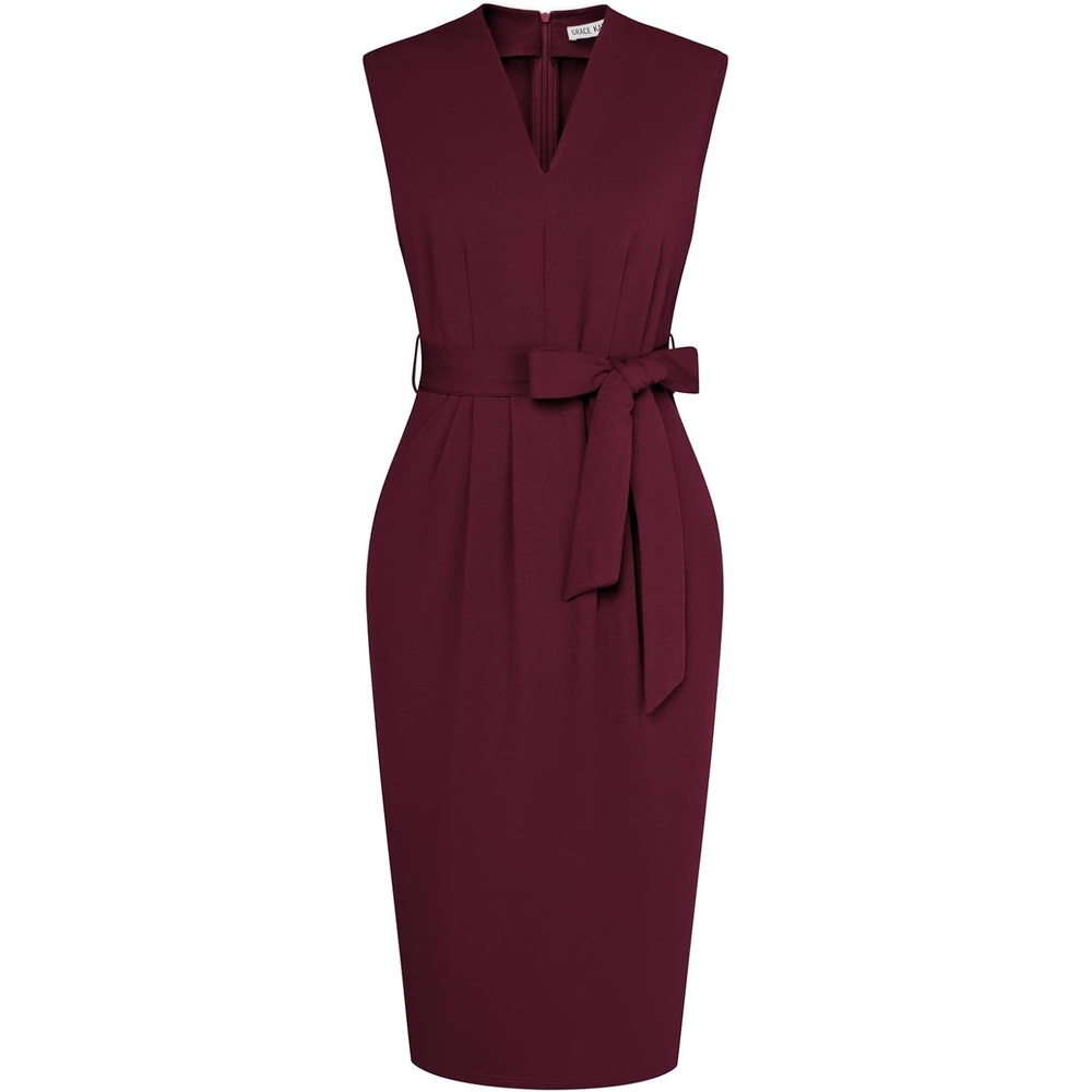 image:imageGRACE KARIN Womens Business Dresses Sleeveless V Neck Bodycon Sheath Dress Zipper Up Office Work Dress with PocketsWine Red