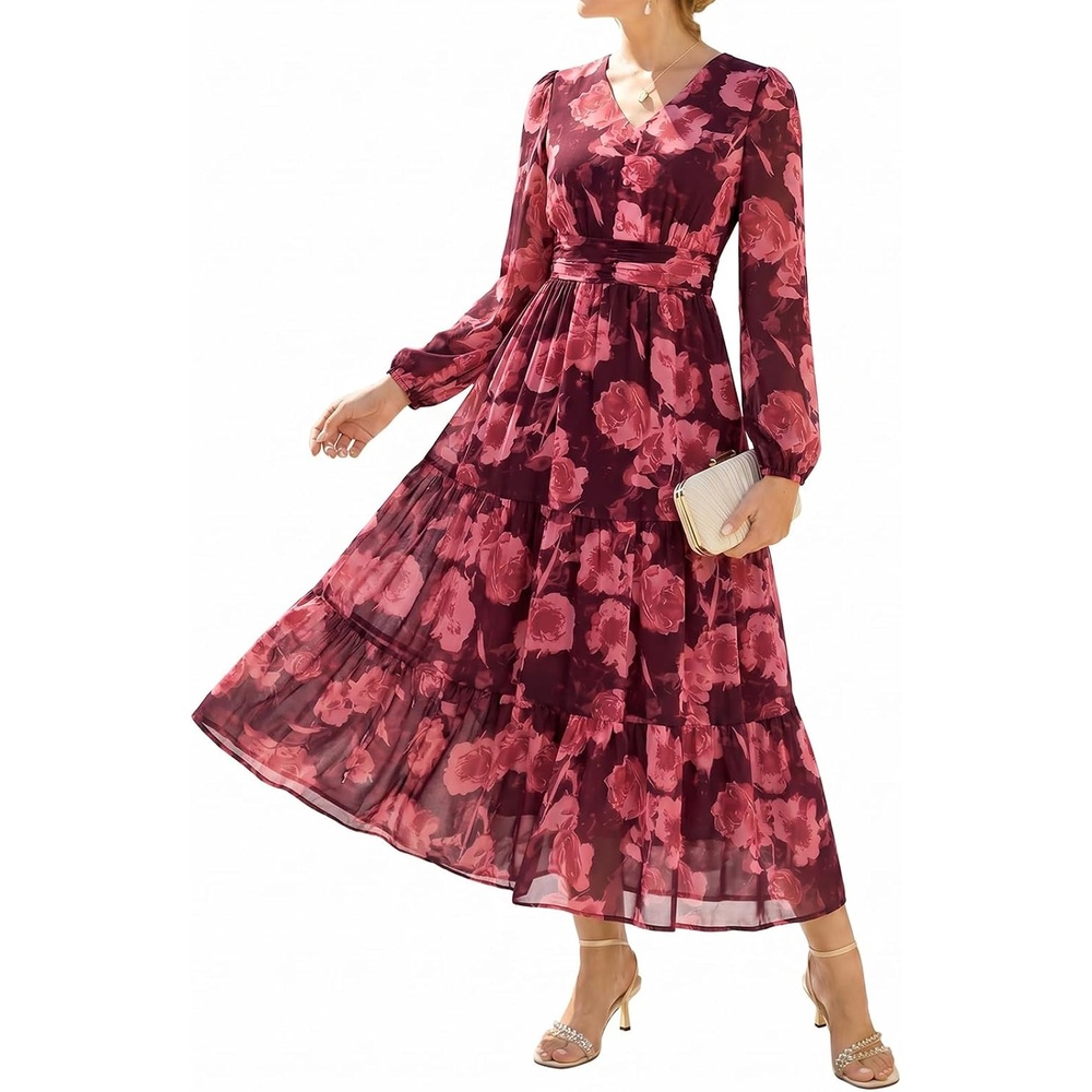 image:imageGRACE KARIN Womens Floral Long Sleeve DressElegance Wedding Guest DressesV Neck Flowy Boho Maxi Dress with PocketDark Red With Red Flowers