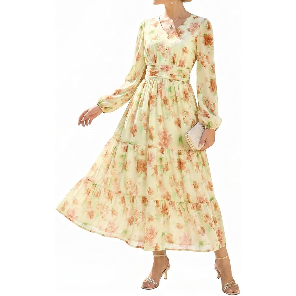 image:imageGRACE KARIN Womens Floral Long Sleeve DressElegance Wedding Guest DressesV Neck Flowy Boho Maxi Dress with PocketRice With Orange Flowers