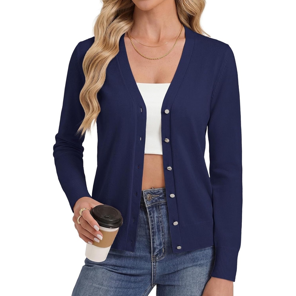 image:imageGRACE KARIN Womens Long Sleeve V Neck Button Down Cardigan Sweaters Lightweight Summer Business Casual OutfitsNavy Blue
