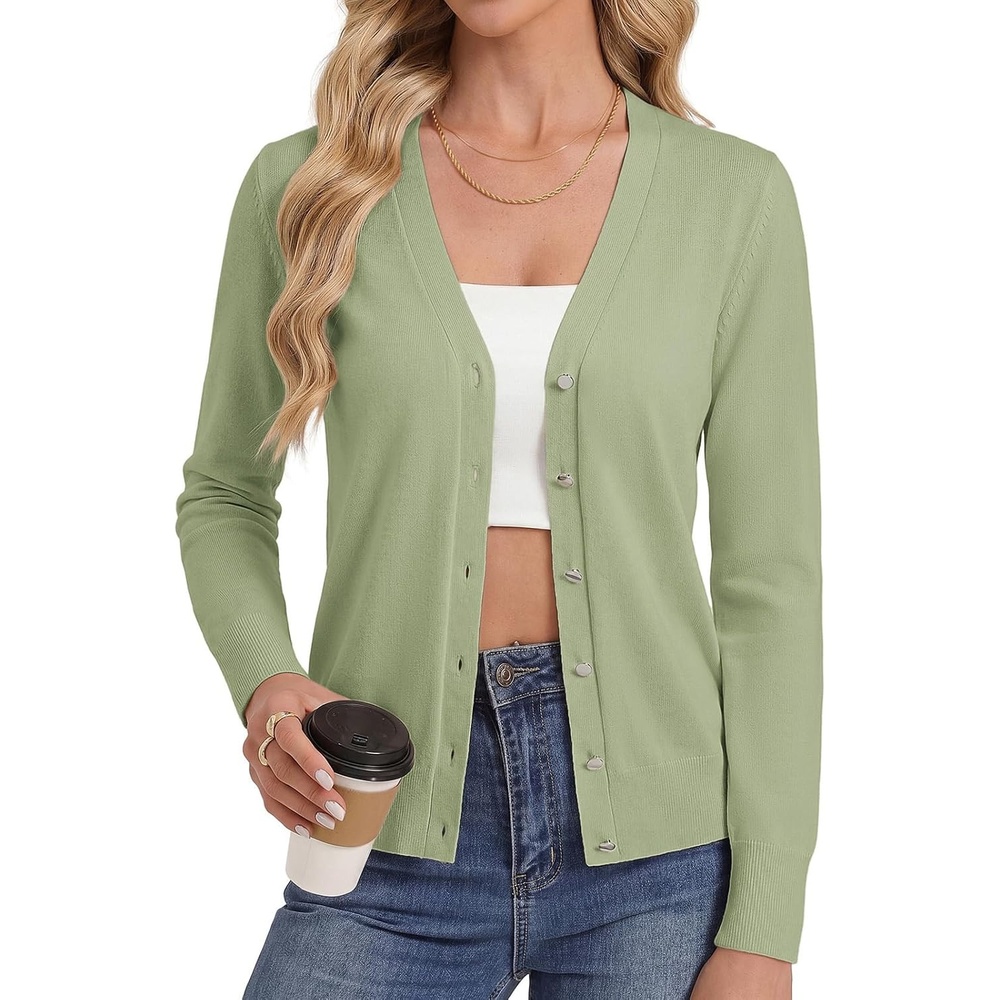 image:imageGRACE KARIN Womens Long Sleeve V Neck Button Down Cardigan Sweaters Lightweight Summer Business Casual OutfitsSage Green