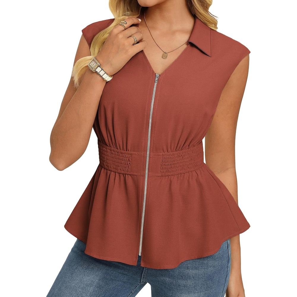 image:imageGRACE KARIN Womens Peplum Tops Business CasualShort Sleeve Work Blouses SummerZipper V Neck Shirts Cinched Smocked WaistBrick Red