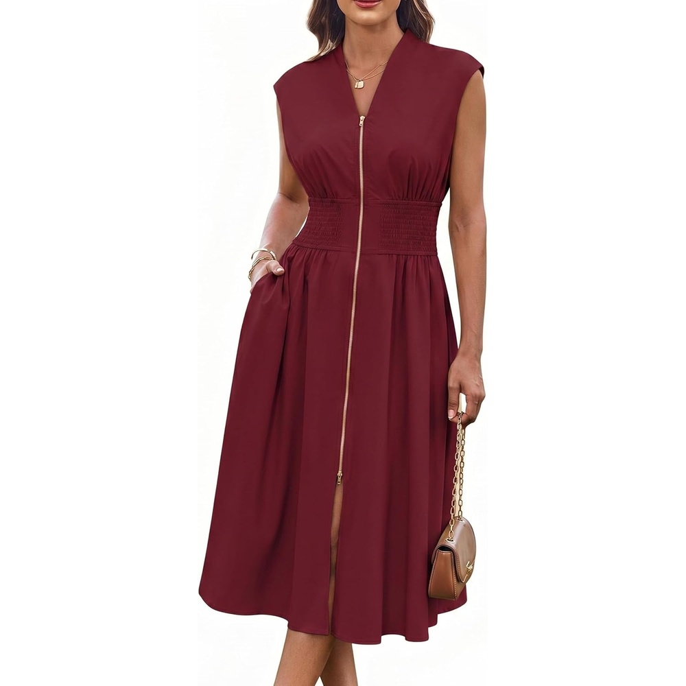 image:imageGRACE KARIN Womens Summer Casual Dress Business Office Work Dresses Cap Sleeve Zipper Front Flowy Midi Dress with PocketsBurgundy