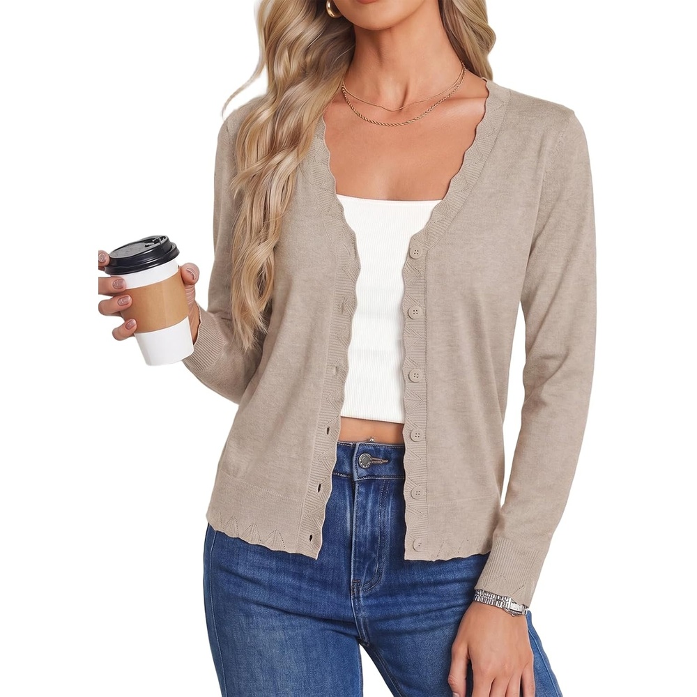 image:imageGRACE KARIN Womens Wool Blend Long Sleeve V Neck Button Up Lightweight Cardigan Sweater Open Front Dressy Casual ShrugsKhaki
