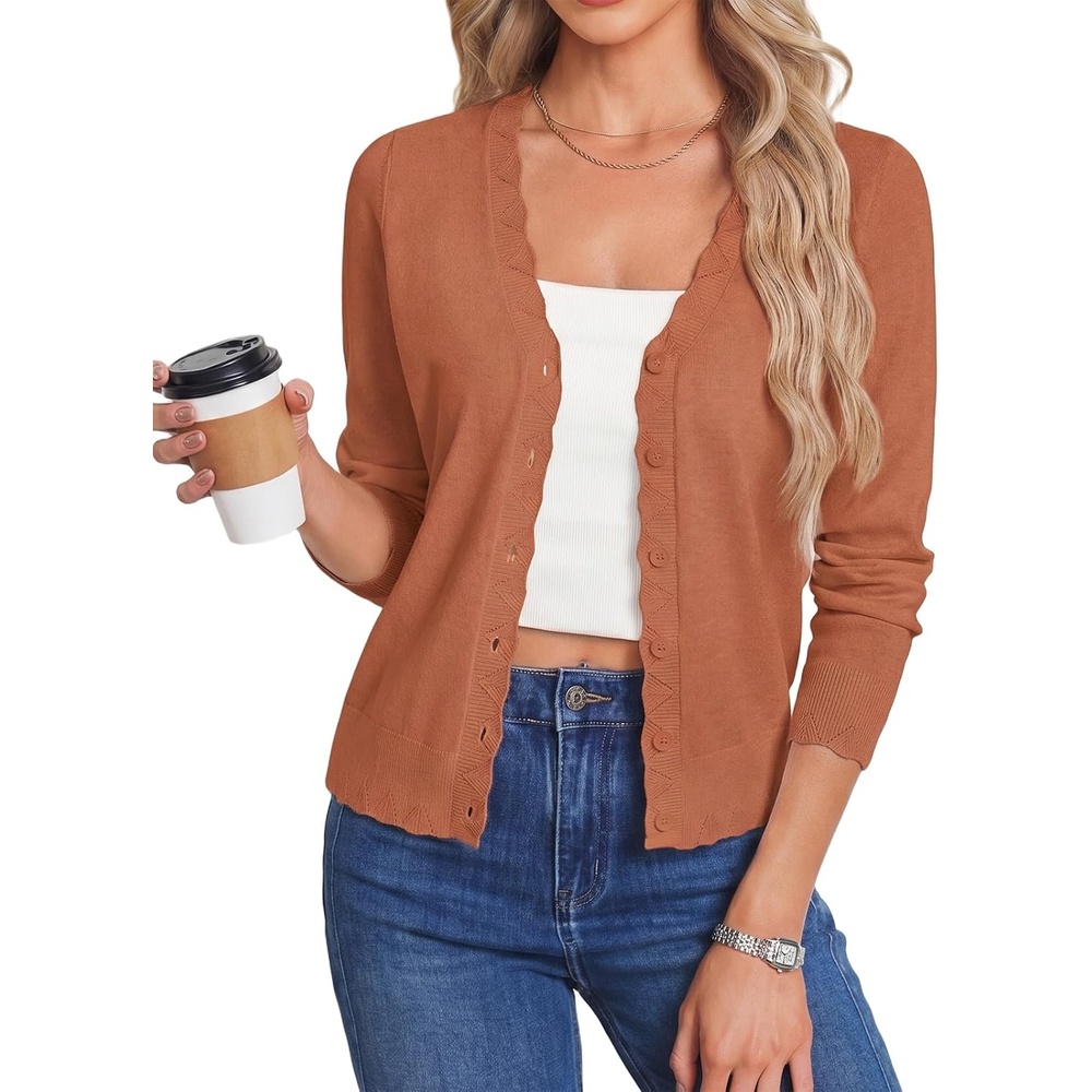 image:imageGRACE KARIN Womens Wool Blend Long Sleeve V Neck Button Up Lightweight Cardigan Sweater Open Front Dressy Casual ShrugsPumpkin Orange