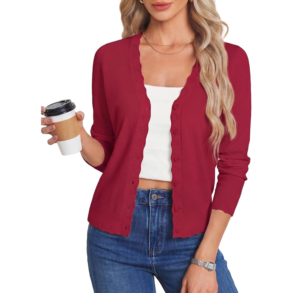 image:imageGRACE KARIN Womens Wool Blend Long Sleeve V Neck Button Up Lightweight Cardigan Sweater Open Front Dressy Casual ShrugsRed