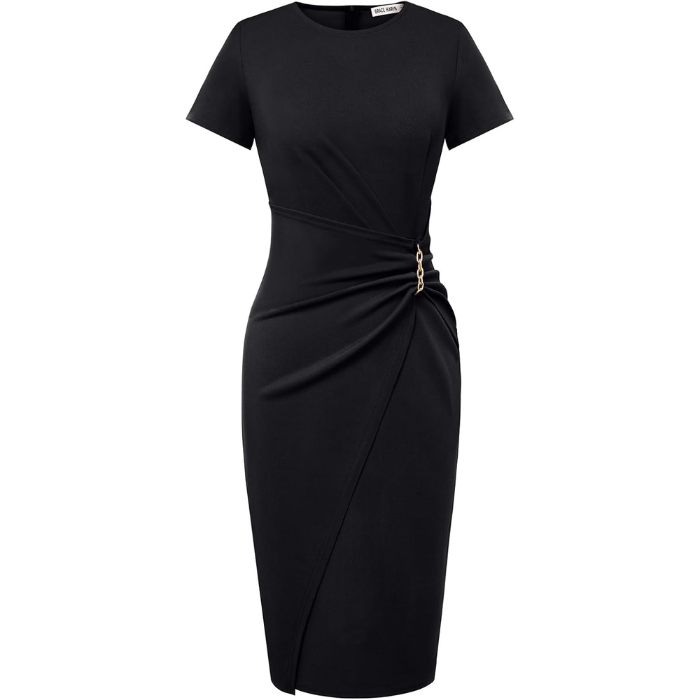 image:imageGRACE KARIN Work Dresses for Women 2026 Short Sleeve Sheath Business Midi Dress Wrap Bodycon Office Cocktail OutfitsBlack