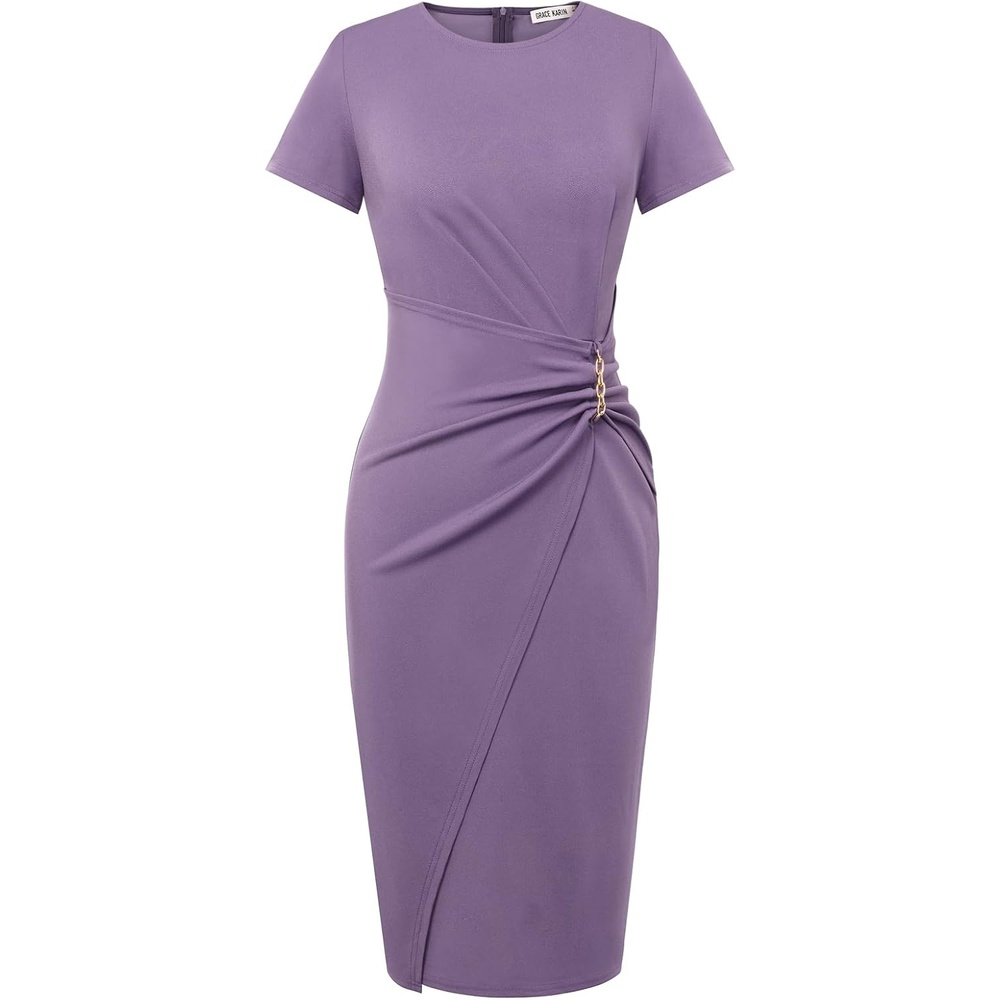 image:imageGRACE KARIN Work Dresses for Women 2026 Short Sleeve Sheath Business Midi Dress Wrap Bodycon Office Cocktail OutfitsLight Purple