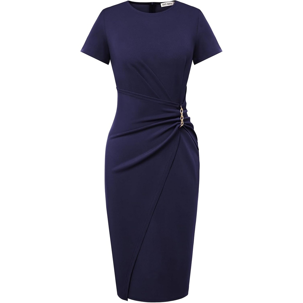 image:imageGRACE KARIN Work Dresses for Women 2026 Short Sleeve Sheath Business Midi Dress Wrap Bodycon Office Cocktail OutfitsNavy Blue