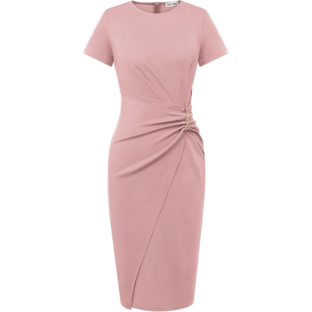 image:imageGRACE KARIN Work Dresses for Women 2026 Short Sleeve Sheath Business Midi Dress Wrap Bodycon Office Cocktail OutfitsPink