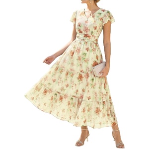 GRACE KARIN 2026 Women Summer Dress,Maxi Short Sleeve Floral Dresses,Semi Formal Flowy Wedding Guest Dress with Pocket(Rice With Light Orange Flowers)