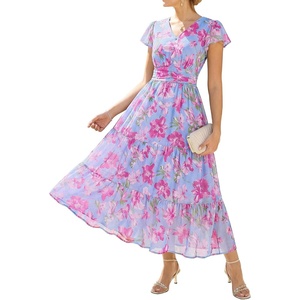 GRACE KARIN 2026 Women Summer Dress,Maxi Short Sleeve Floral Dresses,Semi Formal Flowy Wedding Guest Dress with Pocket(Sky Blue With Pink Flowers)