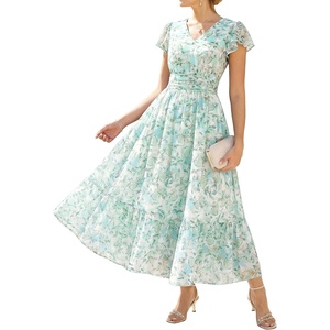 GRACE KARIN 2026 Women Summer Dress,Maxi Short Sleeve Floral Dresses,Semi Formal Flowy Wedding Guest Dress with Pocket(White With Blue and Green Flowers)